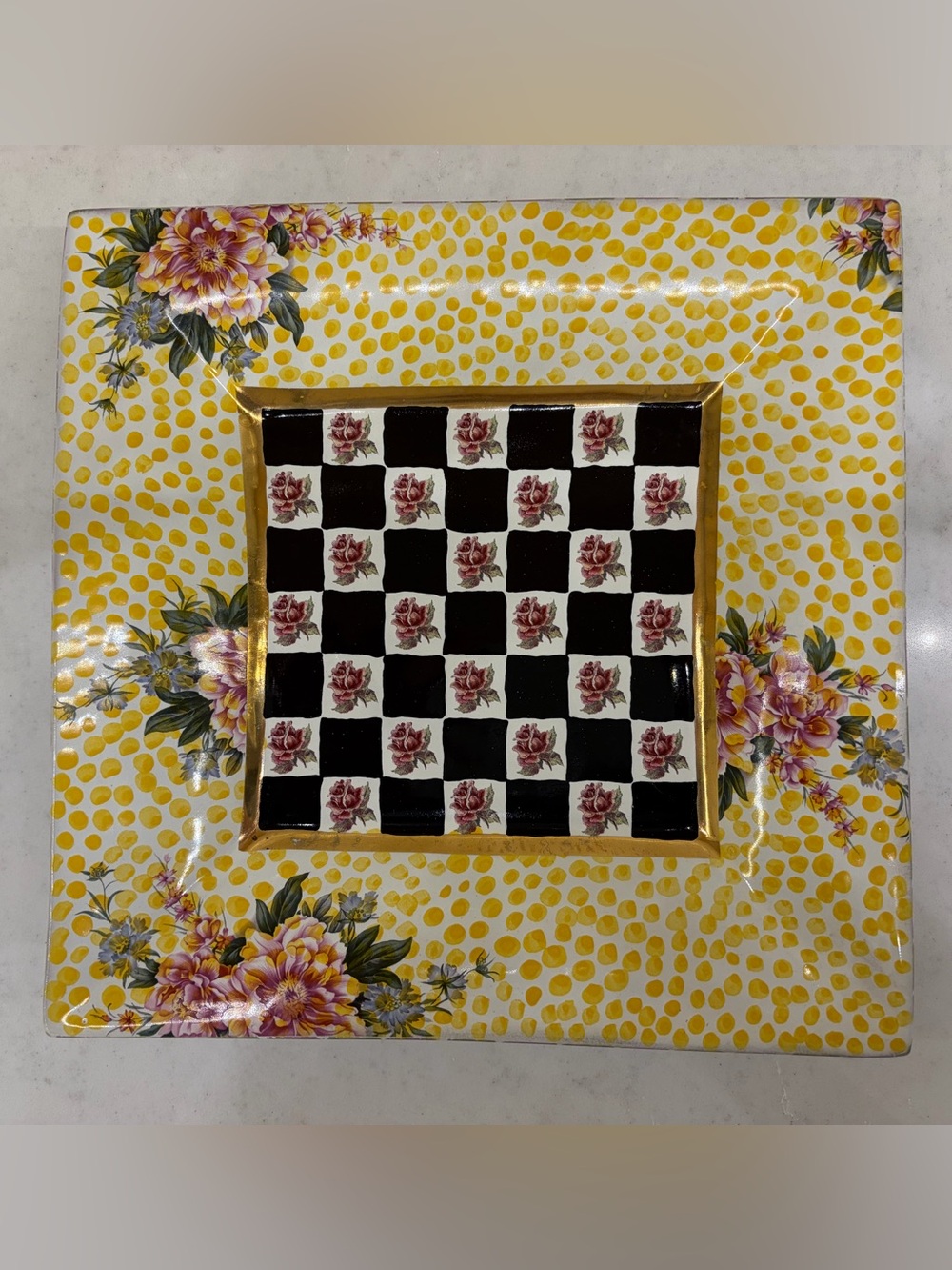MacKenzie-Childs Retired Torquay Kelp & Urchin Floral & Black-White Check Plate